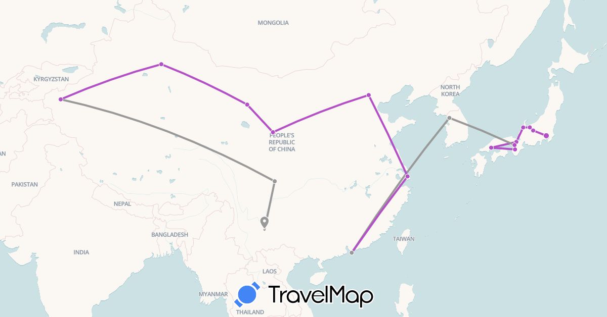 TravelMap itinerary: plane, train in China, Japan, South Korea (Asia)